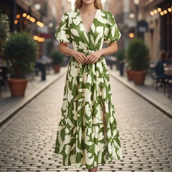 Commense Green Floral Maxi Dress Puff Sleeve V-Neck Tiered Skirt NWT Size XL - Picture 5 of 7